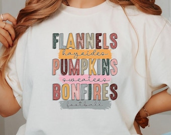 Comfort Colors Fall Words Shirt, Flannels Pumpkins Bonfires Tee, Cute Autumn Gift Shirt, Trendy Fall Tshirt for Women, Thanksgiving Outfit