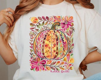 Comfort Colors Hello Fall Shirt, Watercolor Pumpkin Tshirt, Cute Autumn Gift Shirt, Trendy Thanksgiving Shirt for Women