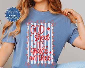 Patriotic Shirt for Women, USA Comfort Colors Shirt, 4th of July T-Shirt, Coquette Bow, Independence Day, God Shed His Grace On Thee Shirt