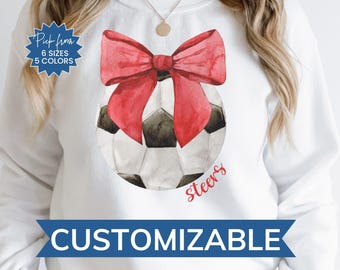 Custom Coquette Soccer Sweatshirt, Personalized Team Bow Sweater, Watercolor Soccer Shirt, Custom Soccer Mom Sweatshirt, Trendy Game Day