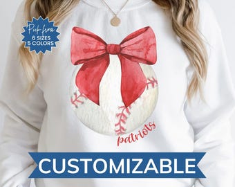 Custom Coquette Baseball Sweatshirt, Personalized Team Bow Sweater, Watercolor Baseball Sweater, Custom Baseball Sweatshirt, Baseball Bow