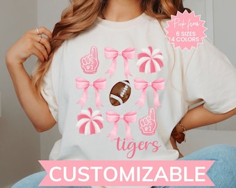 Custom Coquette Pink Out Game Day Shirt, Personalized Cheer Mom, Gift For Cheer Coach, Custom Football Mom Spirit Shirt, Pink Team Spirit