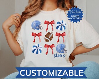 Custom Coquette Football Shirt, Red And Blue Football Mom Comfort Colors Shirt, Mascot Bow Shirt, Coquette Bows School Tee, Game Day Shirt