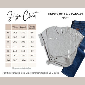 May include: Size chart for unisex Bella + Canvas 3001 t-shirts. The chart shows width, length, and sleeve length measurements in inches for sizes XS to 3XL.