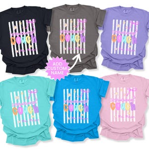 May include: Six short-sleeve t-shirts in black, dark gray, light purple, teal, bright blue, and light pink. Each shirt features a white vertical striped graphic with the text "Instructional Coach" and a pink bow, plus a custom name area.
