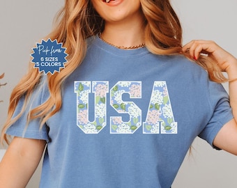 Comfort Colors Floral USA Shirt, USA Bow Shirt, Floral 4th Of July Shirt, Fourth Of July Floral Tee, Patriotic Gift, Women's USA Graphic Tee