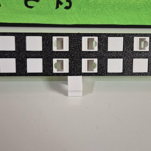 May include: Black plastic wall plate with 12 white rectangular ports. The plate has a textured surface.