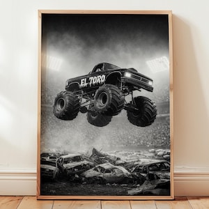Vintage Monster Truck Show Poster, Retro Black and White Monster Truck Poster Print, Trendy Vintage Man Cave Motorsports Sports Poster