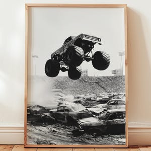 Vintage Monster Truck Show Poster, Retro Black and White Monster Truck Poster Print, Trendy Vintage Man Cave Motorsports Poster