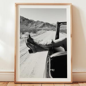 Cowgirl Boots Poster, Western Boots Car Ride Print, Retro Western Road Trip Wall Art, Trendy Western Home Decor Poster, Road Trip Poster