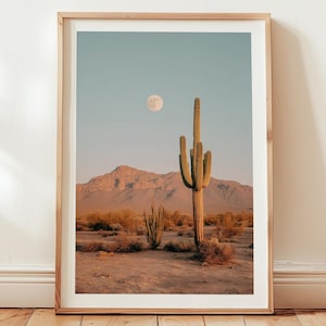Desert Cactus Poster Print, Western Desert Landscape Poster, Trendy Boho Southwest Decor, Saguaro Cactus Wall Art, Desert Moon Landscape
