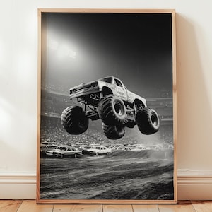 Vintage Monster Truck Show Poster, Retro Black and White Monster Truck Poster Print, Trendy Vintage Man Cave Motorsports Sports Poster