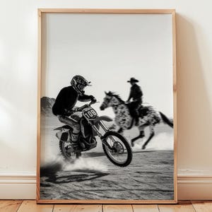 Motocross Bike Wall Art, Cowboy Racing Dirt Bike Black and White Print, Western Cowboy on Horse Racing Dirt Bike in Desert Poster
