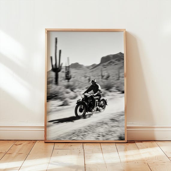 Vintage Cowboy Motorcycle Desert Poster Art, Retro Black and White Western Motorbike Wall Art, Cowboy Harley Desert Poster