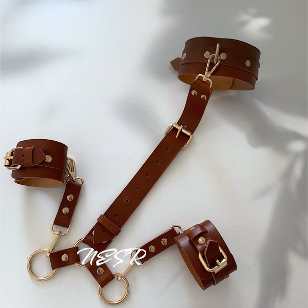 Leather Handmade Halter Choker Harness Leather Body Bondage Waist Belt Strap, Leather Neck Collar Wrist Cuffs Restraint Bondage Back Slave