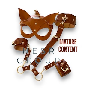 Leather Collar and Handcuff, Harness for Women, Cuffs and Collar Choker, Leather cat mask
