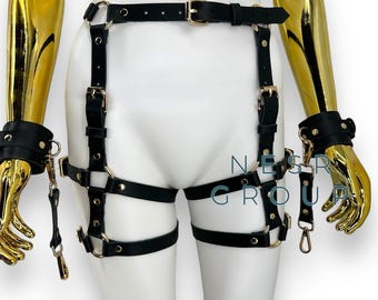Leather Lingerie Harness with Handcuff, Harness for Woman, Leg Harness, Harness Lingeries, Harness Belt