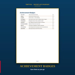 Puede incluir: Una p&aacute;gina blanca de un pasaporte Triptyka Bucket-List titulada Achievement Badges. Enumera nueve objetivos, incluidos First Track, Halfway, Complete, Five Regions, Photographer, Off-Season, First Race Attended, Big Four, Kiss the Bricks y Speed Week.