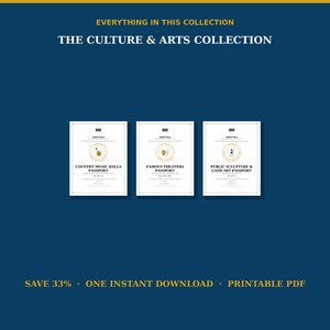 May include: Three white rectangular booklets titled THE CULTURE & ARTS COLLECTION. The individual booklets are labeled COUNTRY MUSIC HALLS PASSPORT, FAMOUS THEATERS PASSPORT, and PUBLIC SCULPTURE & LAND ART PASSPORT, each featuring a circular gold icon.