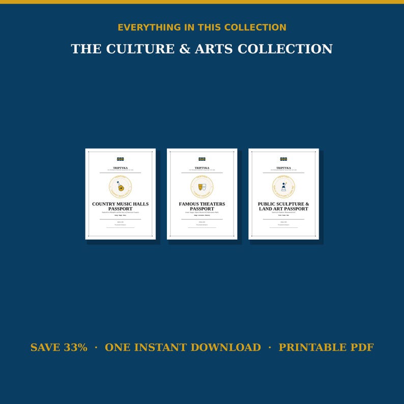 May include: Three white rectangular booklets titled THE CULTURE & ARTS COLLECTION. The individual booklets are labeled COUNTRY MUSIC HALLS PASSPORT, FAMOUS THEATERS PASSPORT, and PUBLIC SCULPTURE & LAND ART PASSPORT, each featuring a circular gold icon.
