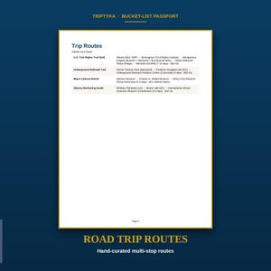 May include: A white page titled Trip Routes from a Triptyka Bucket-List Passport. It lists four travel itineraries: U.S. Civil Rights Trail, Underground Railroad Trail, Black Cultural Detroit, and Slavery Reckoning South, including locations and durations.