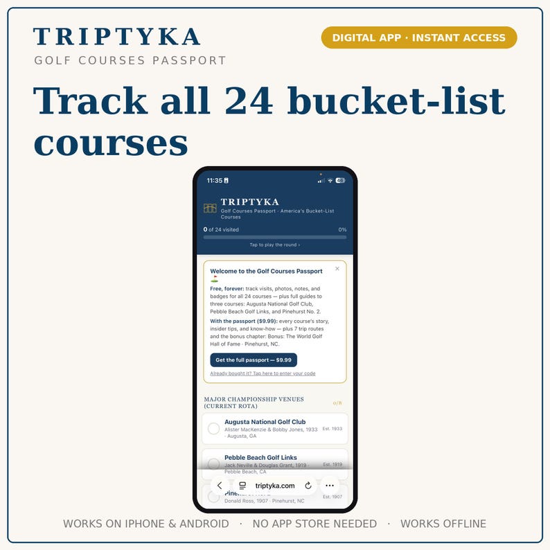 Golf Courses App — Digital Bucket List Tracker for Your Phone | Track 24 bucket-list courses | Instant Access + Unlock Code image 1