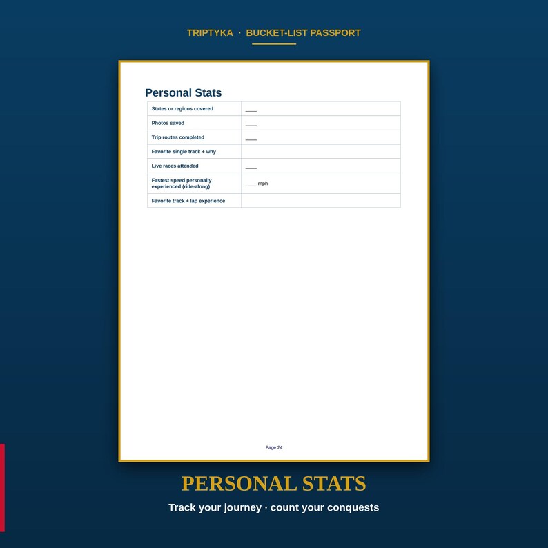 Puede incluir: Una p&aacute;gina blanca de un pasaporte Triptyka Bucket-List titulada Personal Stats. El formulario incluye campos para estados o regiones visitados, fotos guardadas, rutas completadas, pista favorita, carreras asistidas y velocidad m&aacute;xima.