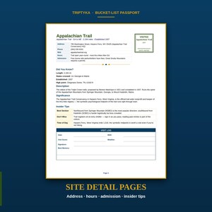 Pu&ograve; includere: Una pagina di dettaglio del sito Triptyka Bucket-List Passport per l'Appalachian Trail. Il documento bianco presenta testo nero, un riquadro per timbro verde e una sezione blu per il registro delle visite con campi per data e meteo.