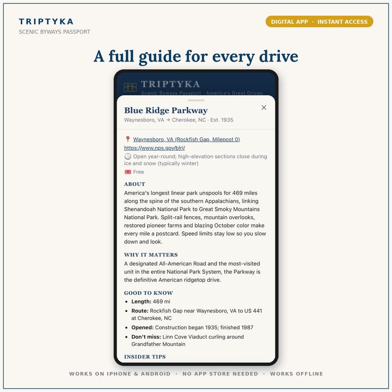 May include: A smartphone screen displaying the Triptyka Scenic Byways Passport digital app. The interface shows a detailed guide for the Blue Ridge Parkway, including route information, historical facts, and travel tips for the 469-mile drive.