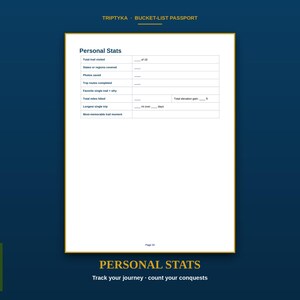 Pu&ograve; includere: Una pagina bianca di un passaporto Triptyka Bucket-List intitolata Personal Stats. La tabella include campi per il totale dei sentieri visitati, le regioni coperte, le foto salvate, i percorsi completati, le miglia percorse e il dislivello.