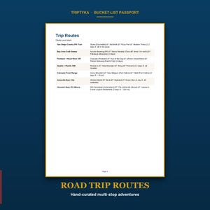 以下が含まれることがあります： Triptyka Bucket-List PassportのTrip Routesと題された白いページ。この文書には、サンディエゴ、ベイエリア、ポートランド、シアトル、コロラド、アッシュビル、バーモントなど、米国内のビールツアーの旅行ルートと醸造所名が記載されています。