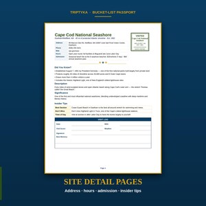 May include: A white Triptyka Bucket-List Passport page detailing Cape Cod National Seashore. The document includes location data, a visit stamp box, historical facts, a description, significance, insider tips, and a visit log section for date and notes.