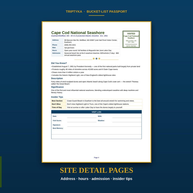 May include: A white Triptyka Bucket-List Passport page detailing Cape Cod National Seashore. The document includes location data, a visit stamp box, historical facts, a description, significance, insider tips, and a visit log section for date and notes.
