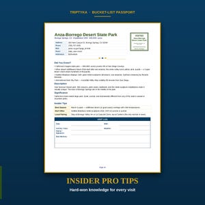 May include: A Triptyka Bucket-List Passport page featuring Anza-Borrego Desert State Park. The document includes park details, a visited stamp box, facts, descriptions, insider tips, and a visit log section with fields for date, weather, and notes.