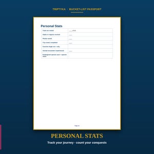 May include: A white page from a Triptyka Bucket-List Passport titled Personal Stats. The page features a table with rows for tracking zoo visits, states covered, photos, routes, favorite zoos, animal encounters, and endangered species seen.