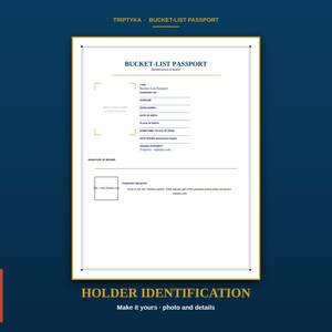 Pu&ograve; includere: Una pagina di identificazione bianca rettangolare di Bucket-List Passport con bordi dorati. Include campi per numero di passaporto, nome, dati di nascita e un riquadro per foto. Il testo include "TRIPTYKA", "BUCKET-LIST PASSPORT" e un QR code.