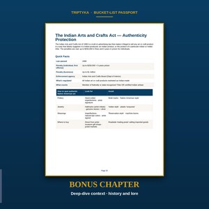 May include: A white informational document titled The Indian Arts and Crafts Act &mdash; Authenticity Protection. It features a table outlining quick facts, penalties, and a guide on how to spot authentic Native American art, including pottery, jewellery, and weavings.