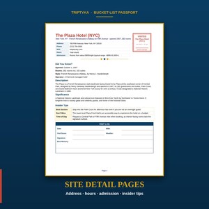 Pu&ograve; includere: Una pagina di dettaglio del sito Triptyka Bucket-List Passport per The Plaza Hotel a NYC. Il documento include informazioni sull'hotel, una sezione Did You Know, descrizione, importanza, consigli utili e un registro delle visite con campi.
