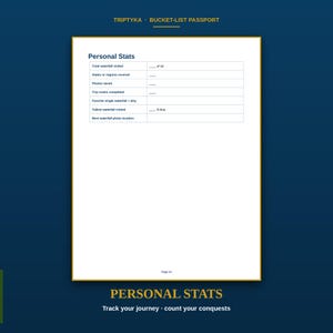 May include: A white page from a Triptyka Bucket-List Passport titled Personal Stats. The page features a table with fields for total waterfalls visited, states covered, photos saved, trip routes, favourite waterfall, tallest waterfall, and photo location.