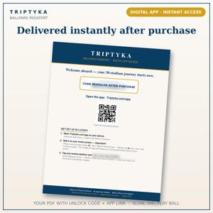 May include: A Triptyka Ballpark Passport digital app access card featuring a dark blue header and footer. The document includes a QR code, instructions for a 30-stadium journey, a placeholder for an unlock code, and the URL Triptyka.com/app.