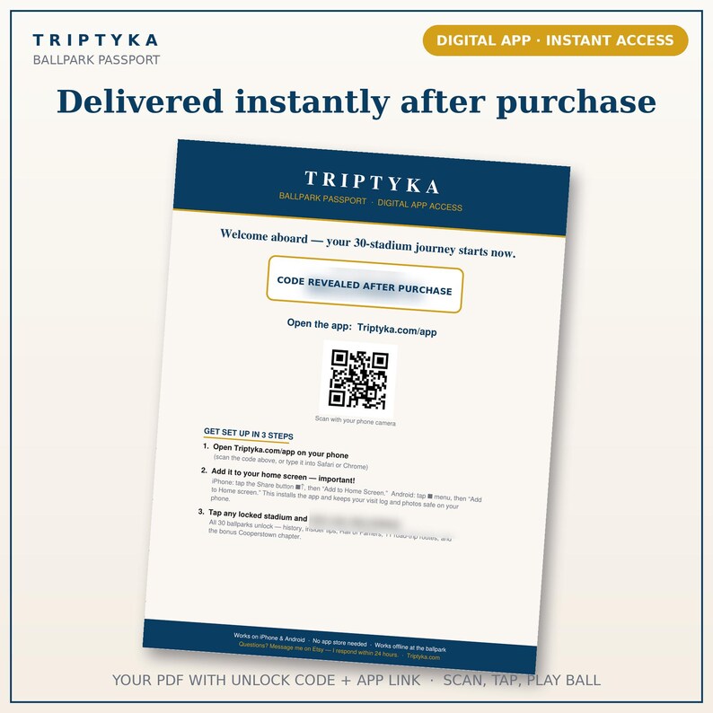 May include: A Triptyka Ballpark Passport digital app access card featuring a dark blue header and footer. The document includes a QR code, instructions for a 30-stadium journey, a placeholder for an unlock code, and the URL Triptyka.com/app.