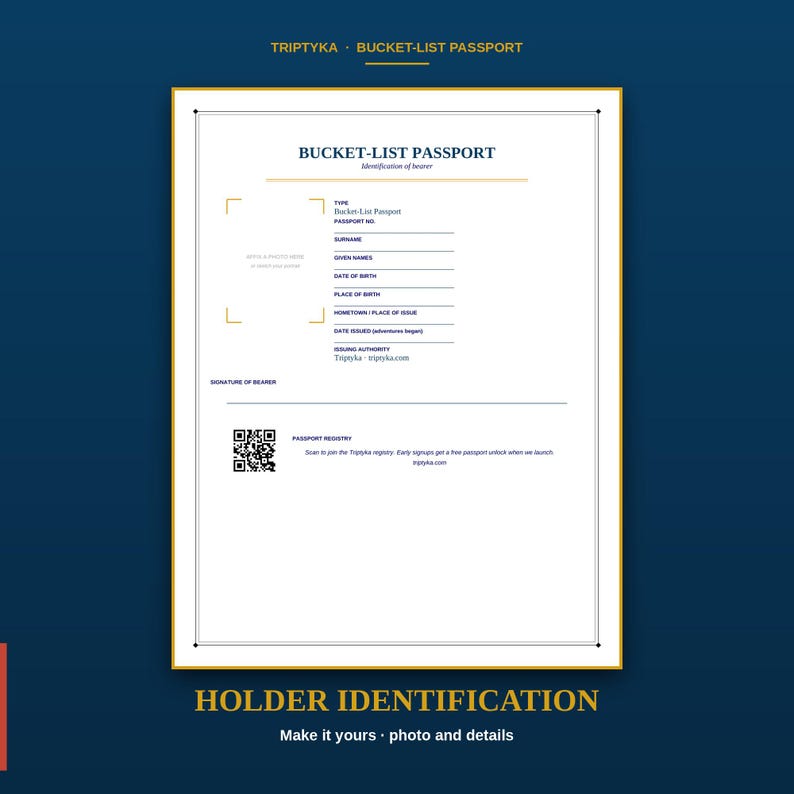 Puede incluir: Una p&aacute;gina de identificaci&oacute;n de pasaporte Bucket-List rectangular blanca con texto azul oscuro y detalles dorados. Incluye campos para datos personales, un espacio para fotos, una l&iacute;nea de firma y un c&oacute;digo QR de registro.