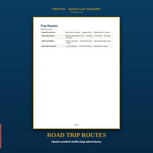 May include: A white page titled Trip Routes from the Triptyka Bucket-List Passport. The table lists four travel routes: Route 66 Kitsch Run, Great Plains Giants, California Oddities, and East Coast Curiosities, each with specific stops and durations.