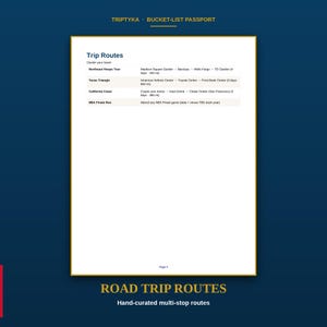 May include: A white page titled Trip Routes from a Triptyka Bucket-List Passport. The document lists travel itineraries including Northeast Hoops Tour, Texas Triangle, California Coast, and NBA Finals Run with specific arena stops and distances in miles.