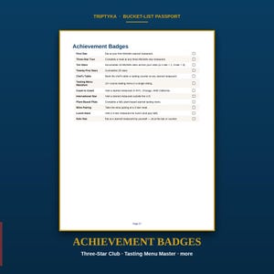 May include: A white page titled Achievement Badges from a Triptyka Bucket-List Passport. The list includes items like First Star, Three-Star Tour, and Ten Stars with checkboxes. The bottom of the page is marked Page 27, with gold text below.