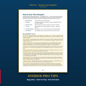 Pu&ograve; includere: Una pagina del Triptyka Bucket-List Passport intitolata How to Use This Passport e Insider Pro Tips. Il documento fornisce istruzioni per tracciare le visite agli stadi MLB, incluse le politiche sulle borse e consigli utili.