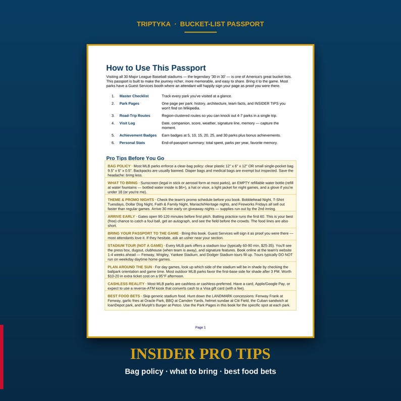 Pu&ograve; includere: Una pagina del Triptyka Bucket-List Passport intitolata How to Use This Passport e Insider Pro Tips. Il documento fornisce istruzioni per tracciare le visite agli stadi MLB, incluse le politiche sulle borse e consigli utili.
