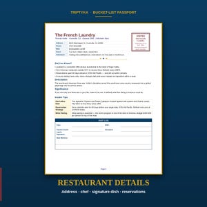 May include: A Triptyka Bucket-List Passport page featuring The French Laundry restaurant details. The document includes address, contact info, historical facts, insider tips, and a visit log section with fields for date, course count, and chef signature.