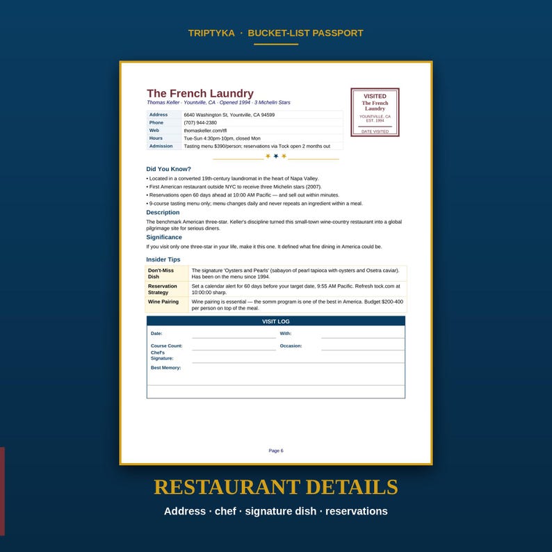 May include: A Triptyka Bucket-List Passport page featuring The French Laundry restaurant details. The document includes address, contact info, historical facts, insider tips, and a visit log section with fields for date, course count, and chef signature.