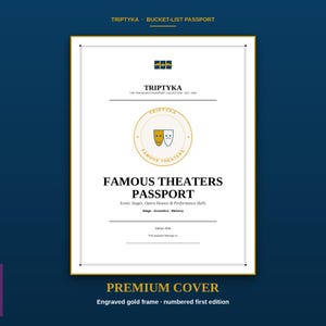 K&ouml;nnte beinhalten: Ein wei&szlig;er, rechteckiger Reisepass-Einband mit goldenem Rand, der den Text TRIPTYKA BUCKET-LIST PASSPORT, FAMOUS THEATERS PASSPORT, Iconic Stages, Opera Houses & Performance Halls, Stage, Acoustics, Memory, Edition 2026 und This passport belongs to enth&auml;lt.
